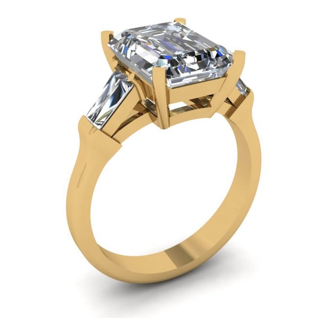 Verlobungsring mit drei Steinen, Smaragd und Baguette-Diamant, Gelbgold - Foto 3