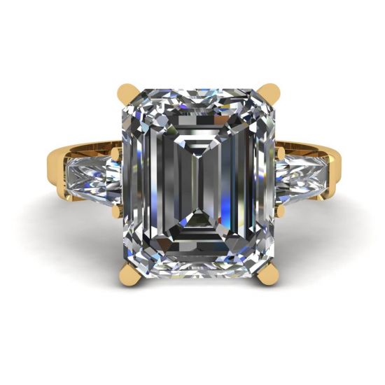 Verlobungsring mit drei Steinen, Smaragd und Baguette-Diamant, Gelbgold, Bild vergrößern 1