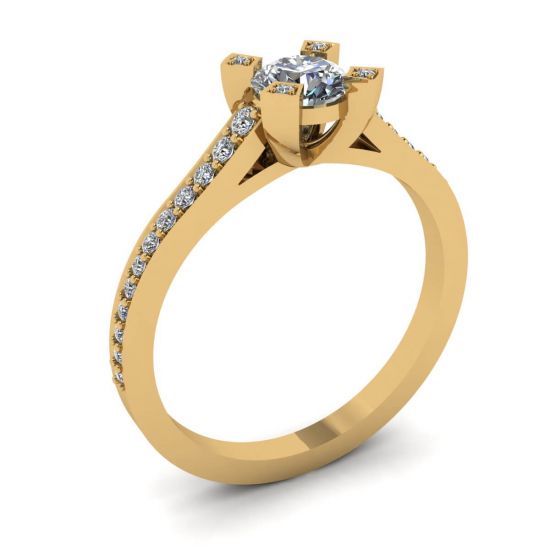 Designer-Ring mit rundem Diamant und Pavé aus 18-karätigem Gelbgold,  Bild vergrößern 4
