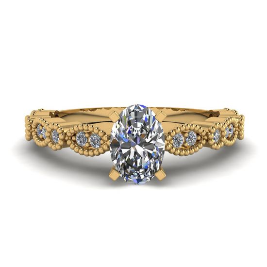 Ovaler Ring im romantischen Stil mit Diamanten aus Gelbgold, Bild vergrößern 1