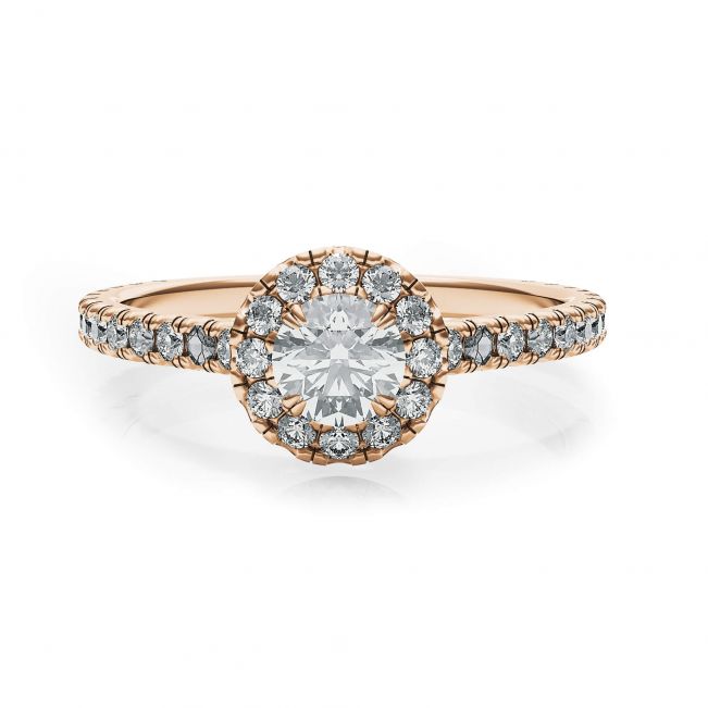 Ring aus 18-karätigem Roségold mit rundem Diamant im Halo