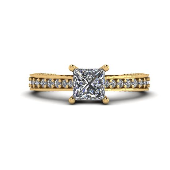 Ring mit Prinzessinnendiamant im orientalischen Stil mit Pavé-Fassung aus 18 Karat Gelbgold
