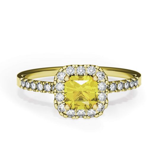 Kissenring mit 0,5 ct gelbem Diamant und Halo-Gelbgold, Bild 1