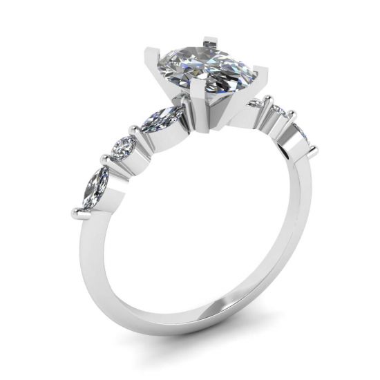 Ovaler Ring mit seitlichem Marquise-Diamant und runden Steinen aus Weißgold,  Bild vergrößern 4