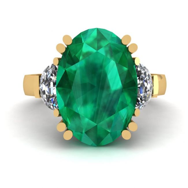 Ovaler Smaragd mit halbmondförmigen Diamanten an der Seite, Ring aus Gelbgold