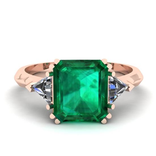 3 Karat Smaragdring mit dreieckigen seitlichen Diamanten in Roségold, Bild vergrößern 1
