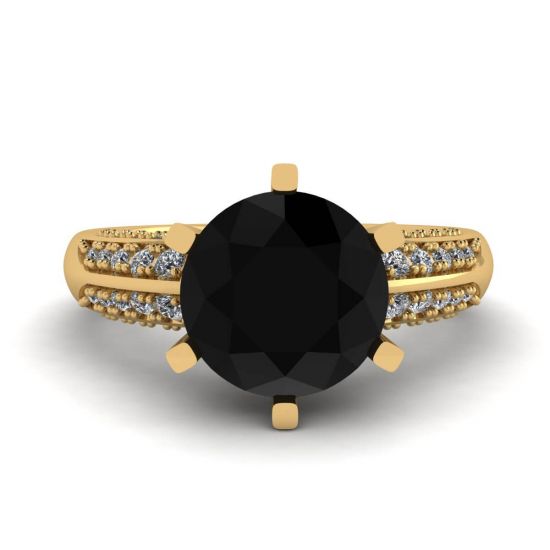 Schwarzer Diamant mit 6 Zinken und zweifarbigem Pavé-Ring aus Gelbgold, Bild vergrößern 1