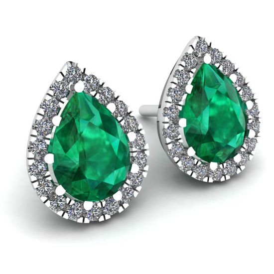 Birnenförmiger Smaragd mit Diamant-Halo-Ohrringen,  Bild vergrößern 2