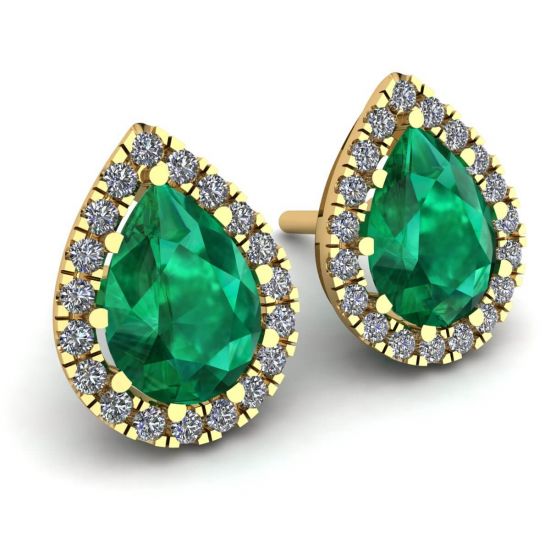 Birnenförmiger Smaragd mit Diamant-Halo-Ohrringen aus Gelbgold, More Image 0