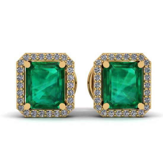 2 Karat Smaragd mit Diamant-Halo-Ohrstecker aus Gelbgold, Bild 1